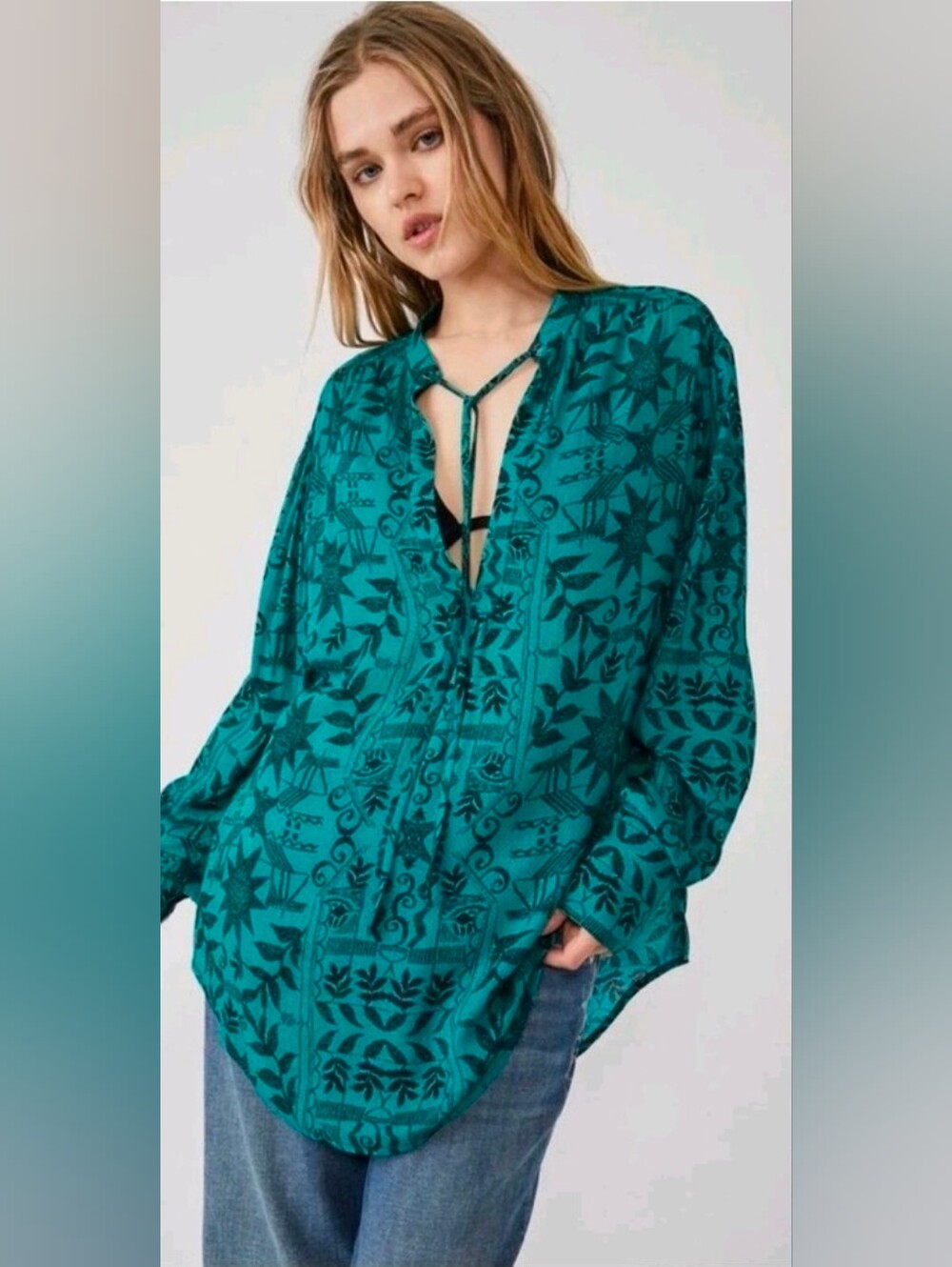 Free People Mia Long Sleeve Printed Tunic Top Teal V-Neck Oversized Womens Small
